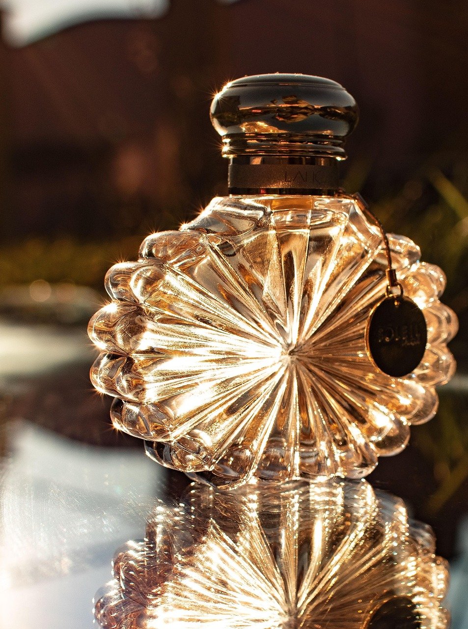 perfume, bottle, glass, gift, woman, holiday, sun glare, sunset, nature, sun